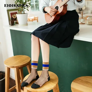 

[EIOISAPRA]Three Striped Lace Socks Transparent College Style Socks Women Hollow Out Japan Harajuku Glass Calcetines Sokken