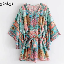 Летние пляжные комбинезоны в стиле бохо, женский комбинезон с принтом павлина, свободный облегающий рукав с поясом, повседневный комбинезон, короткий, размера плюс