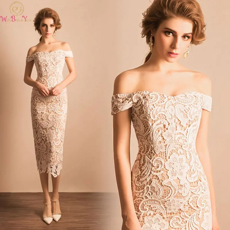 

Elegant Boat Neck Evening Dresses Ivory Off The Shoulder Sleeveless Lace T Length Women Simple Party Formal Mermaid Zipper Gown