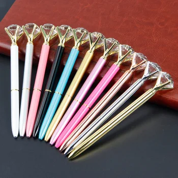 

Big carat diamond Crystal Pen Gem Ballpoint pen ring wedding office Metal ring roller ball pen Rose gold silver pin Holiday gift