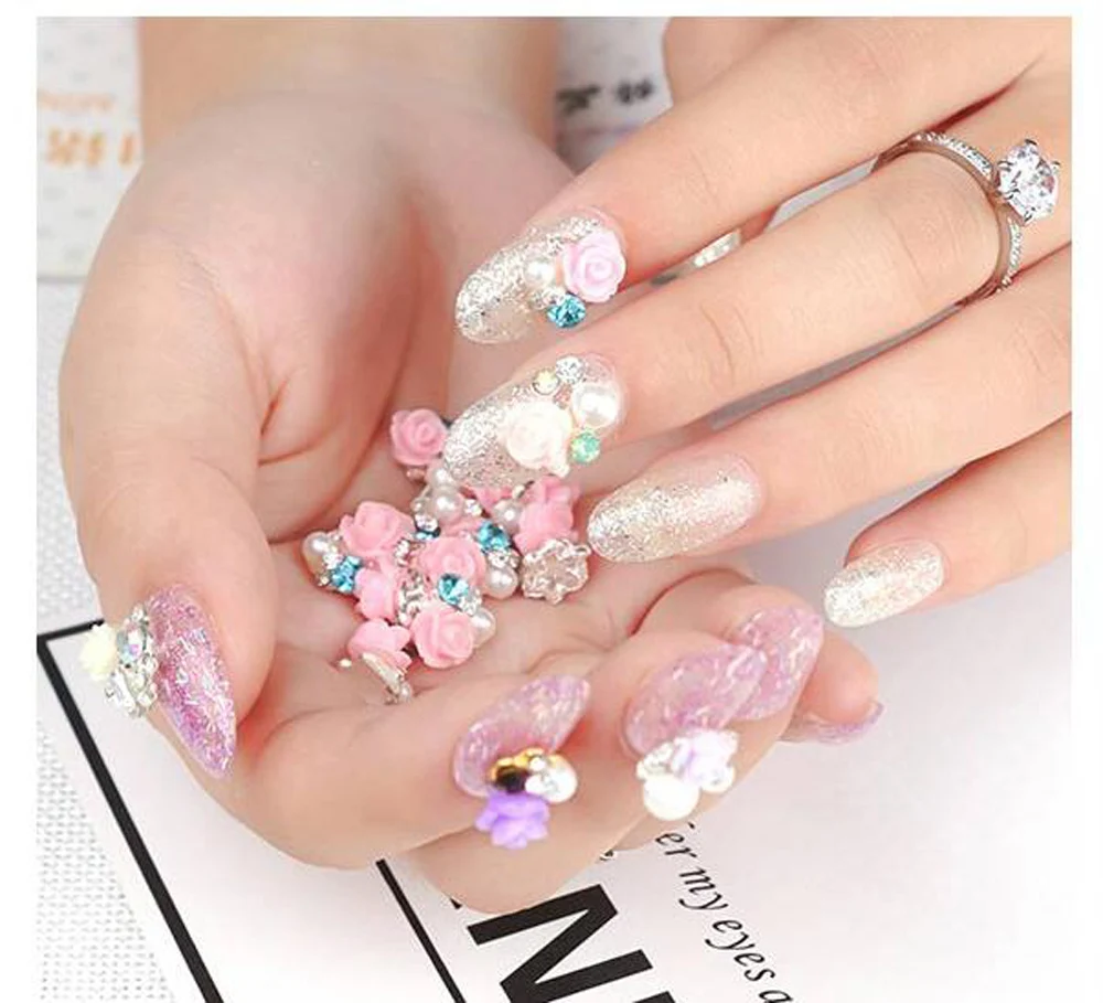 

100Pcs/Lot=In One Bag Nail Art Rose Pearl Decorations Rhinestones,Alloy 3D Nail Charms,Jewelry On Nails Salon Supplers/JE269-283