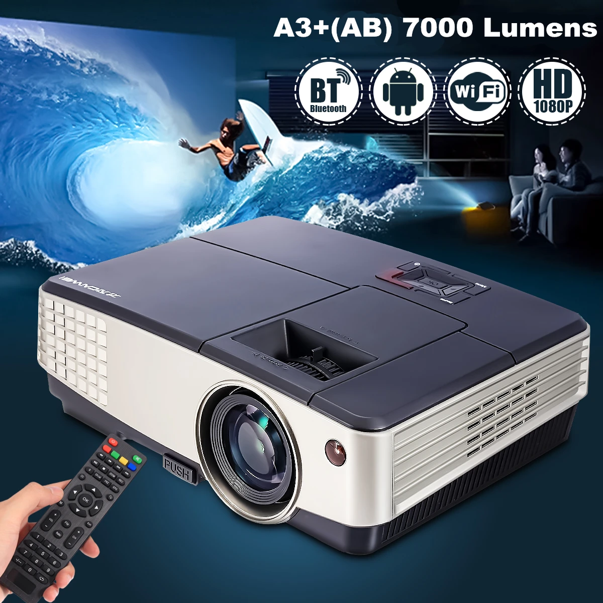 7000 Lumens A3+AB Projector 1080P Full HD LCD Wifi Home Theater Cinema 72W LED Android 4.4 Bluetooth Multimedia Beamer