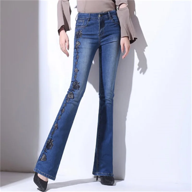 Новые женские джинсы, расклешенные джинсы с вышивкой ручной работы, женские расклешенные брюки, синие джинсы с цветочной вышивкой