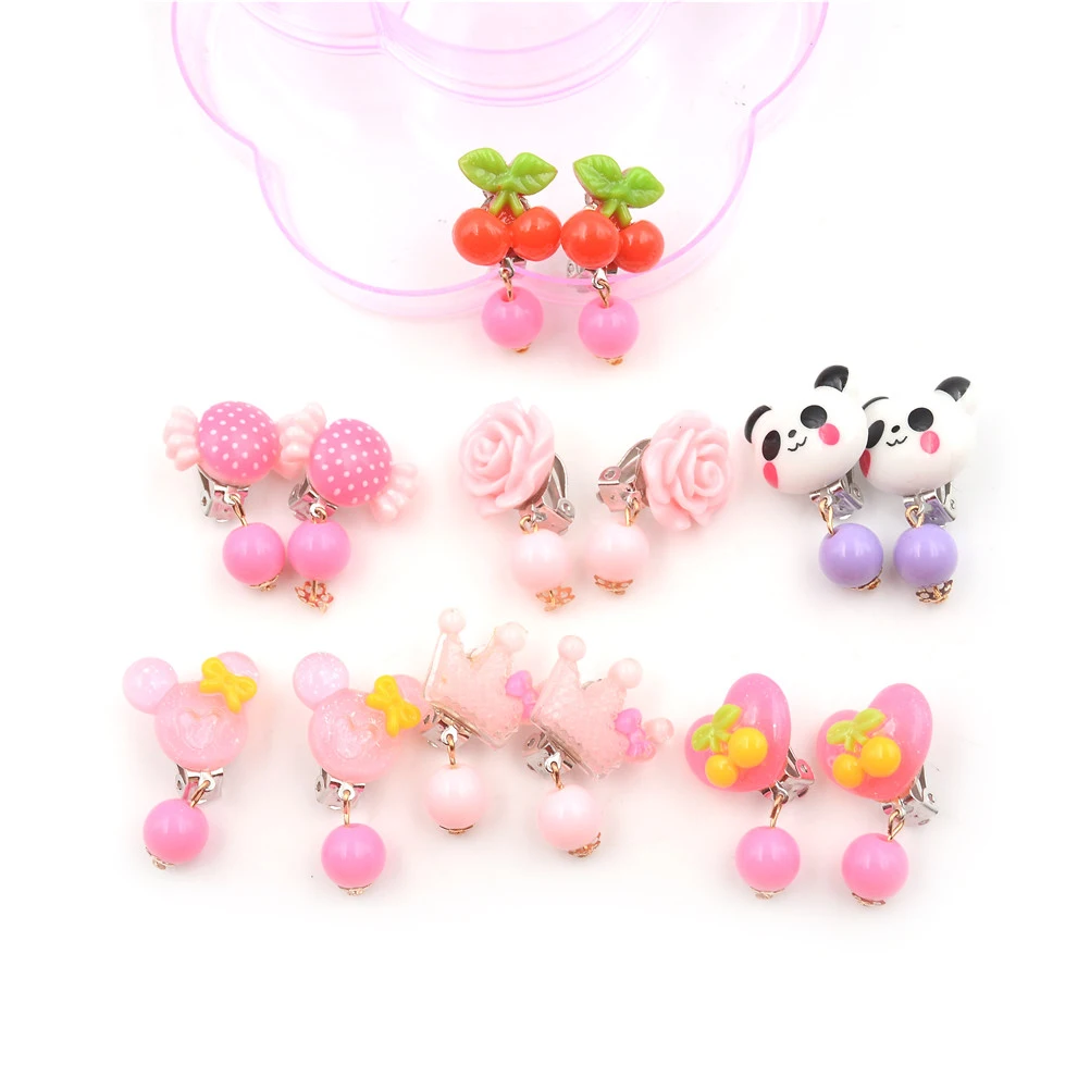 7pair Cute Kids Animal Pink Beads Ear Clip On Pierced Cartoon Earrings