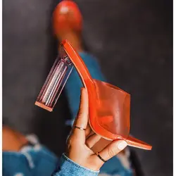 2019 г. летние женские модные шлепанцы на высоком каблуке 11,5 см, женские пикантные оранжевые прозрачные сандалии, прозрачная обувь на блочном