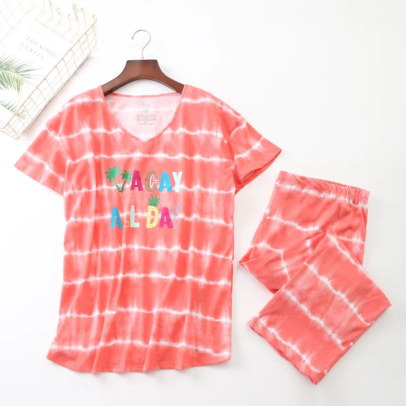 

Plus Size Knitted Cotton Pajamas Summer Short-sleeved Loungewear Women Pijama Pink Sleepwear Calf-Length Pants Pyjamas for 105kg