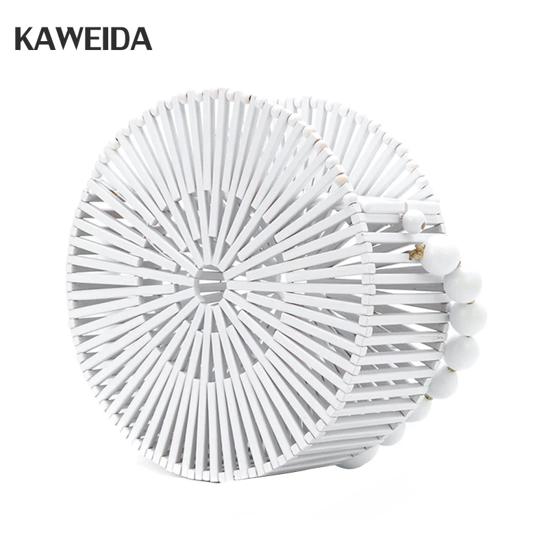 

Ins Circular Bamboo Basket Bag White Small Round Hollow Out Straw Bag Wooden Beads Women Shoulder Bag Summer Holiday Beach Bag