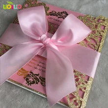 Бесплатный завязанный розовый бант своими руками, на заказ 50 комплектов inc43 лазерная резка, для свадьбы Пригласительные открытки поздравительная открытка Персонализированная на заказ розовая вставка карта