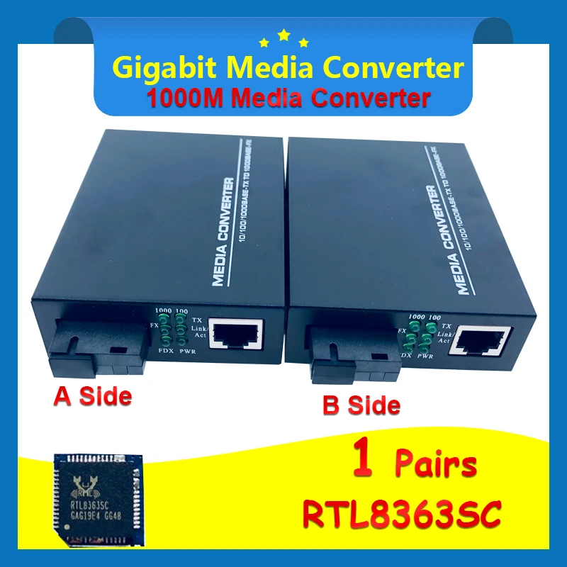 

free ship 1 Pair Gigabit Fiber Optical Media Converter 10/100/1000Mbps Single Mode Single Fiber SC Port 20KM Chipset RTL8363SC