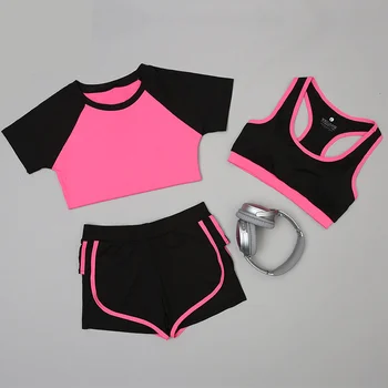 

Women Sporting Suit 3 pieces/set (shirt + bra + shorts ) Workout Set Women Clothing Summer Sportwear Female Casual Set