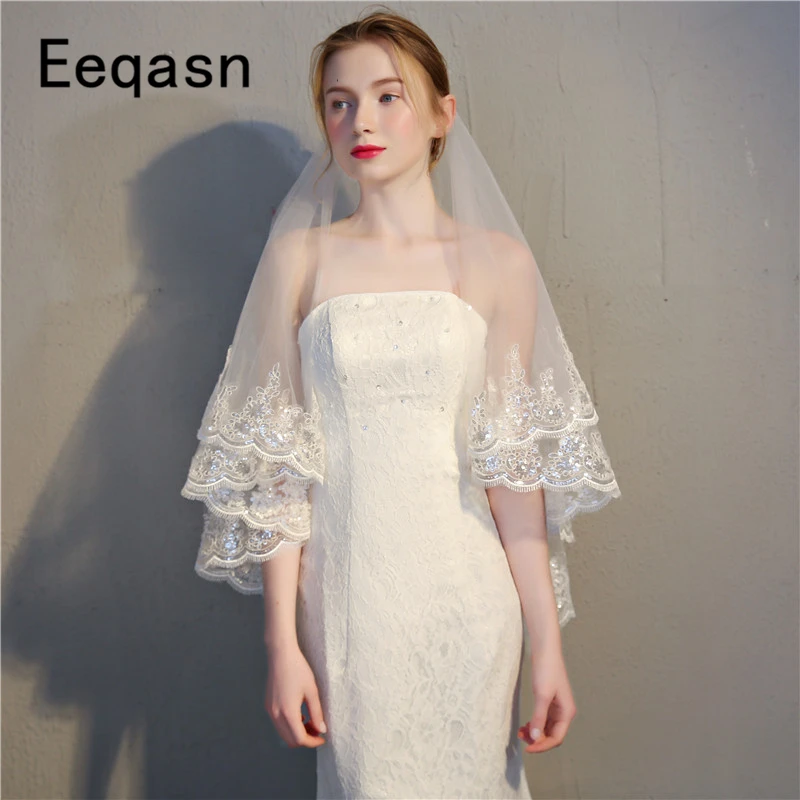 

Elegant 2 Layer Bridal Veil Beautiful White Ivory Short Wedding Veils Lace Edge With Comb Bride Veils Soft Tulle Voile Mariage
