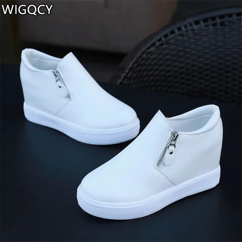 

WIGQCY 2019 Spring new fashion wild women's shoes increased female round head side zipper casual sneakers small white shoes X238