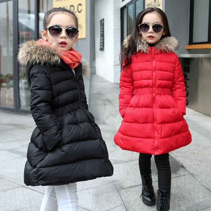 Детская зимняя куртка для девочек; Новинка г.; длинное пальто с меховым воротником и высокой талией; детская верхняя одежда; Одежда для девочек; теплые зимние пальто