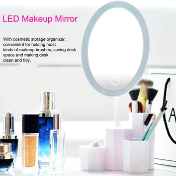 

LED Makeup Mirror with Storage Base Organizer 180° Rotation Brightness Adjustable Beauty Cosmetic Mirror Tabletop espelho