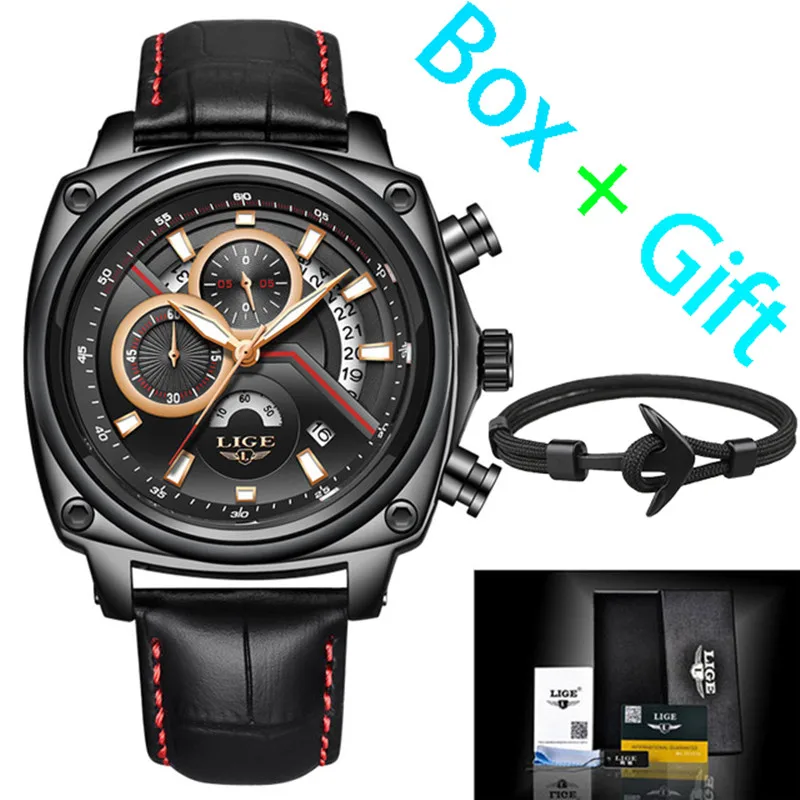 

LIGE Waterproof Sport Style Top Luxury Quartz Watch Men Black Leather Strap Brand Chronograph Rose gold Dial relogio masculino