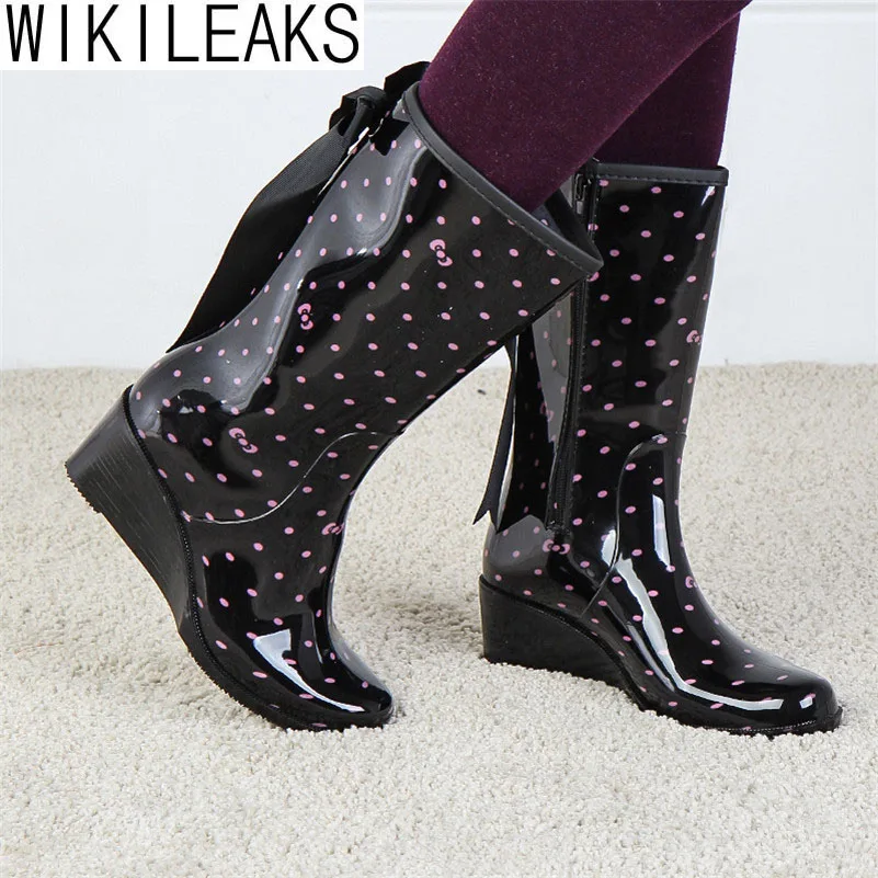Wikileaks Women New Fashion Rain Boots Platform Pink Polka Dot Black