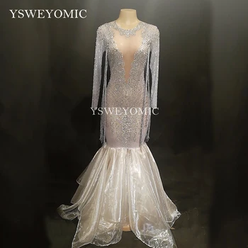 

Sparkly White Rhinestones Dress Women's Evening Birthday Celebrate Mesh Dress Costume Dance Outfit