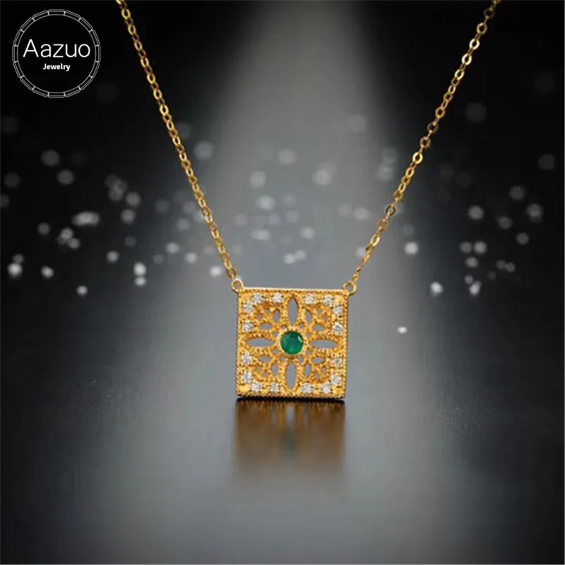 

Aazuo Real 18K Yellow Gold Natural Emerald Real Diamonds Micro Pave Square Pendent Necklace gifted for Women Party Au750