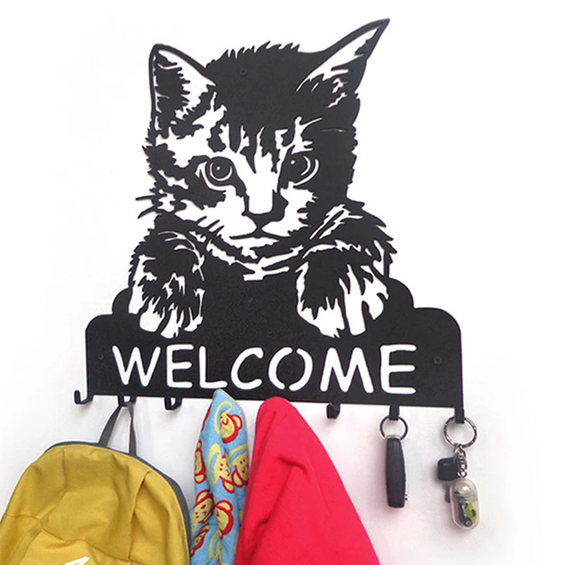 Iron decorative painting portrait key hook WELCOME cat welcome creative clothes wall hanger metal hook