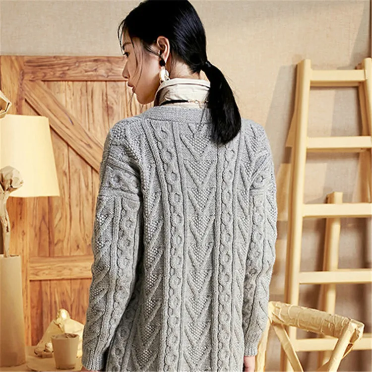  new arrival 100%hand made pure wool Vneck knit women streetwear solid loose single breasted cardiga