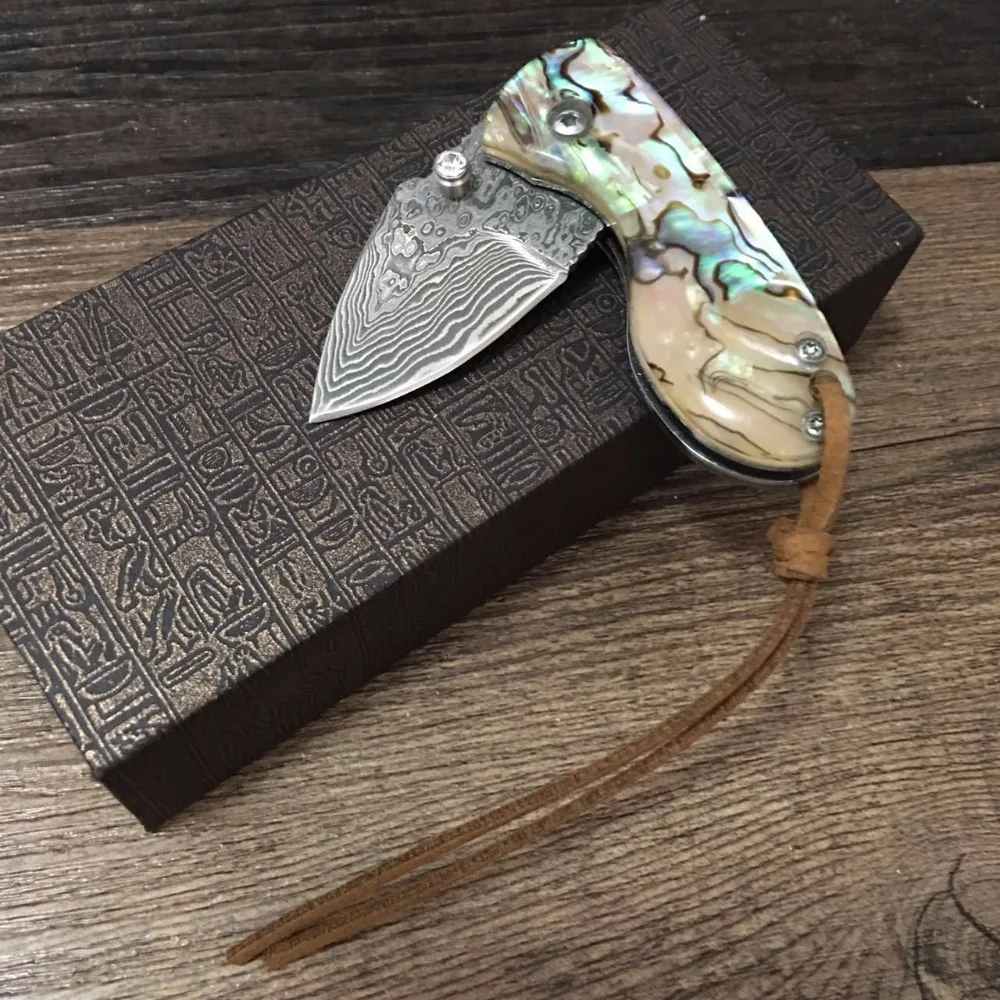  58HRC Handmade Damascus steel blade Pocket Folding Knife with shell Handle utility knife gift knife