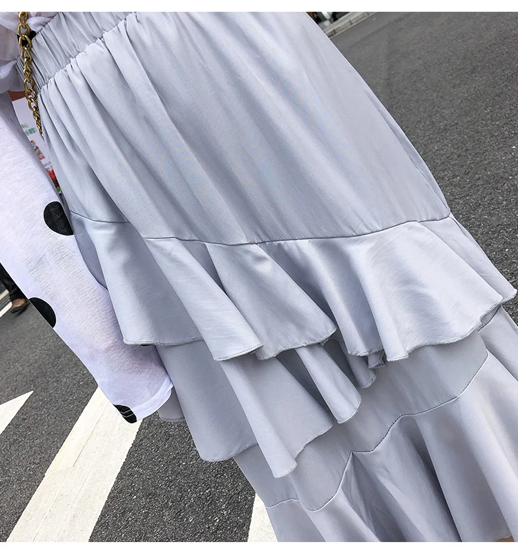 Лолита юбка корейская мода черный, белый цвет Длинные Высокая Талия Асимметричный рыбий хвост дизайн для женщин торт Слои юбки с оборками