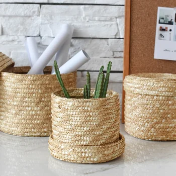 

1Pcs Natural Straw Wheat Desktop Storage Basket Box With Lid Toys Sundries Underwear Clothing Cosmetics Storage Box Hand Woven