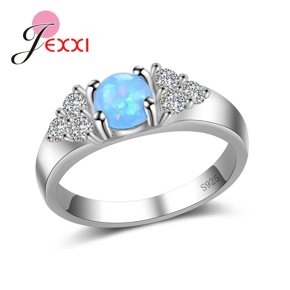 

Exquisite 925 Sterling Silver Round Blue Opal Ring With White Cubic Zirconia Women Man Finger Rings Party Wedding Jewelry