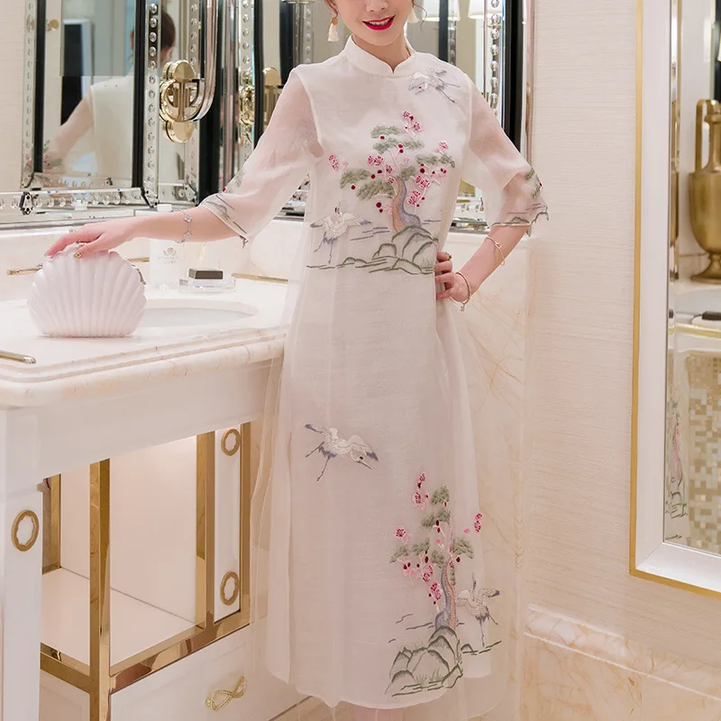 

Summer Dress Chinese style Stand collar Silk Organza Dress Spring Fashion Slim Embroidery Split Elegant Improved Cheongsam Dress