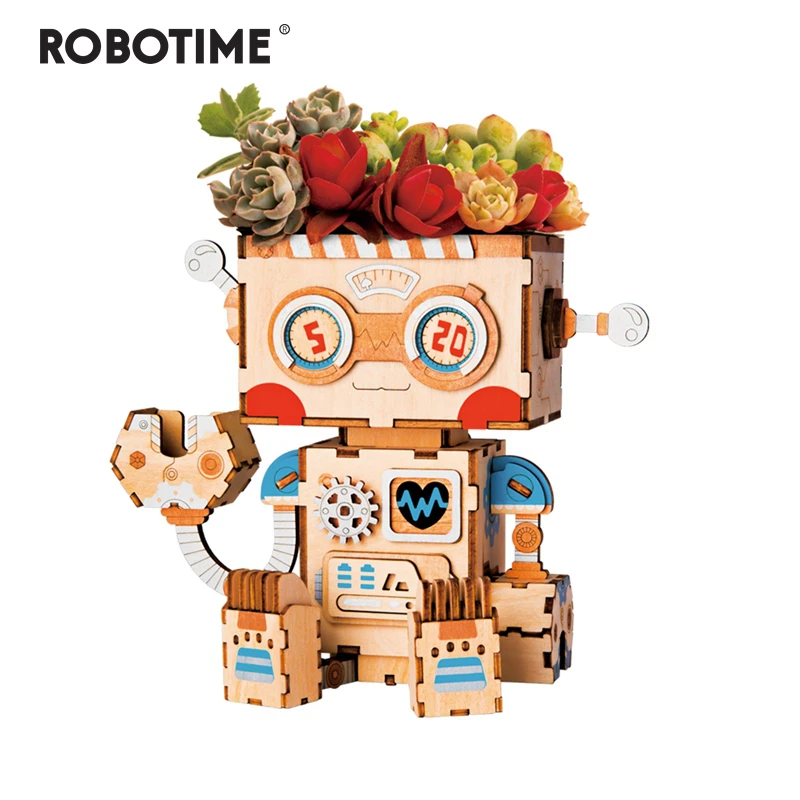 

3D Wooden Robot Puzzle Game Creative Flower Pot Storage Box Penholder Models Building Kits Toy for Children Adult FT761