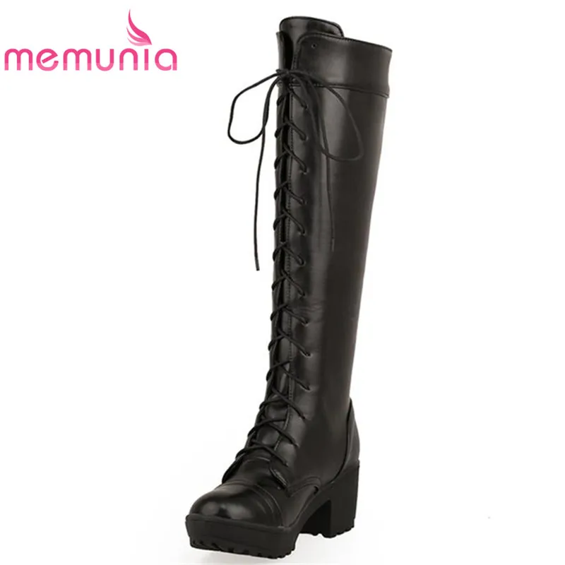 

Hot sale front lace-up winter boots for women round toe fashion high heel simple soft leather comfortable knee high boots