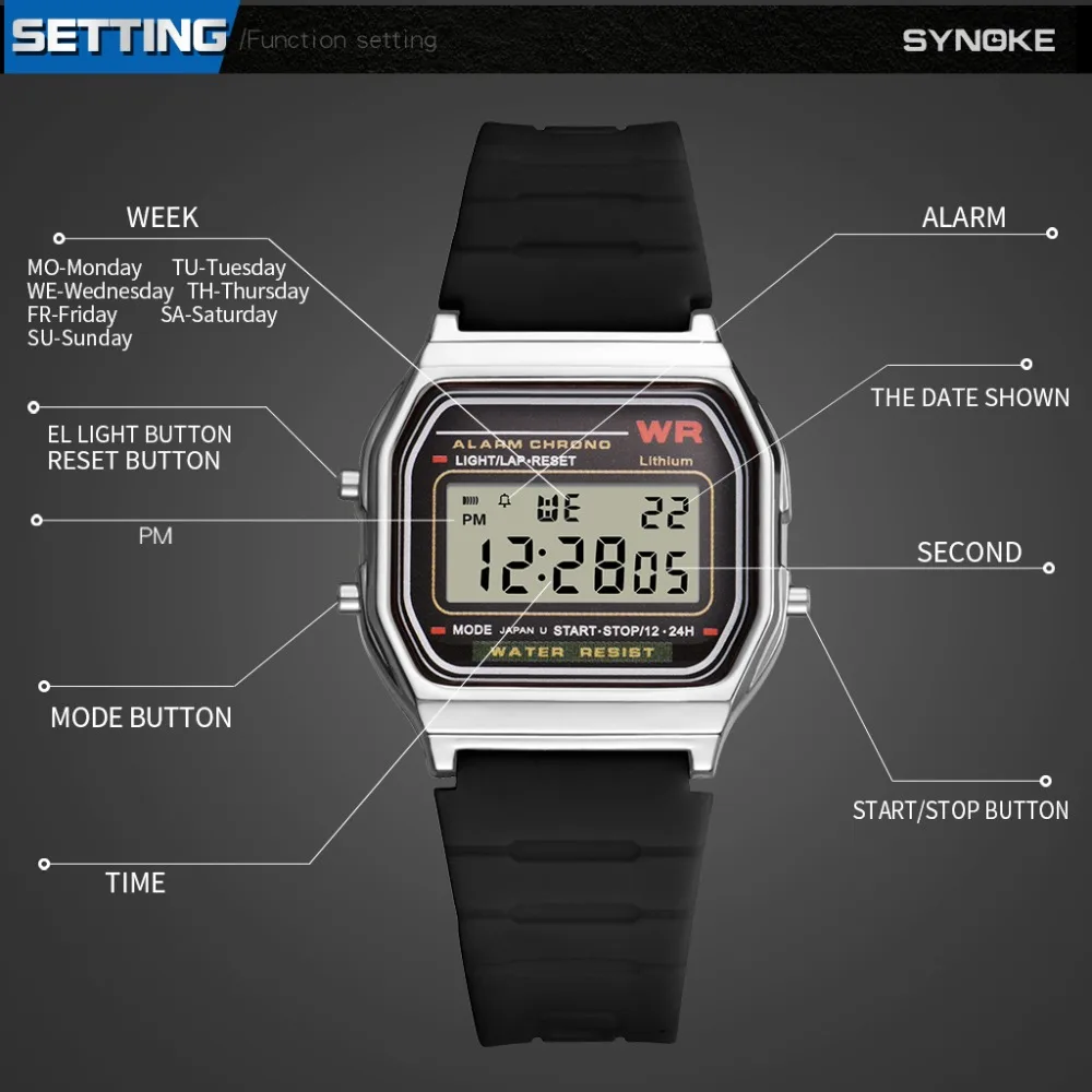 SYNOKE Мужские квадратные цифровые часы Стальные спортивные черные водонепроницаемые мужские часы светодиодный дисплей цифровые наручные часы часы