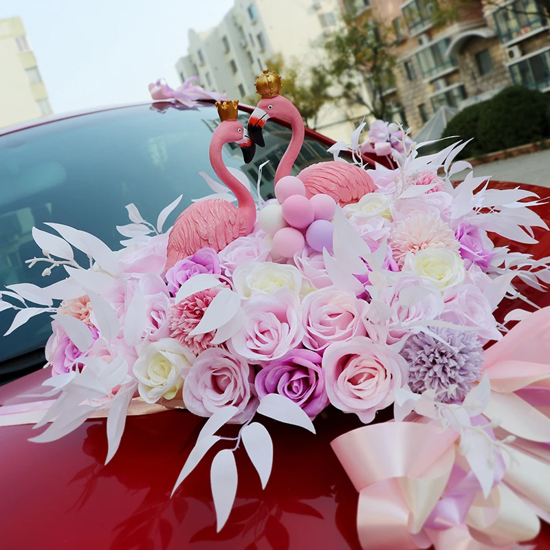 Розовый Фламинго шелковые розы цветы ивы ленты лук любовь свадебный автомобиль цветок набор украшения свадебные принадлежности