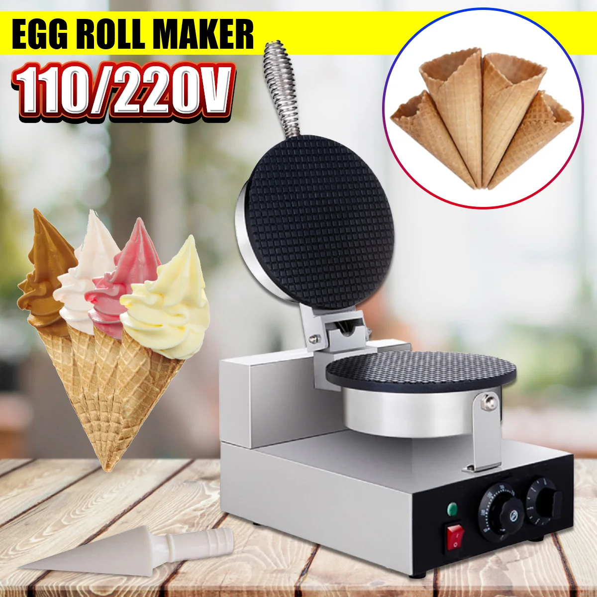 

Warmtoo 110V/220V Electric Commercial Nonstick Electric Ice Cream Cone Machine Egg Roll Maker Household DIY Donut Wizard Waffle