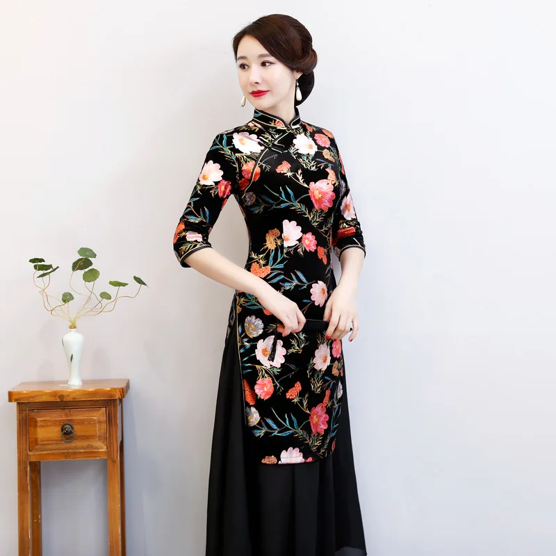 Женское длинное велюровое платье Qipao Dai облегающее на пуговицах в китайском стиле