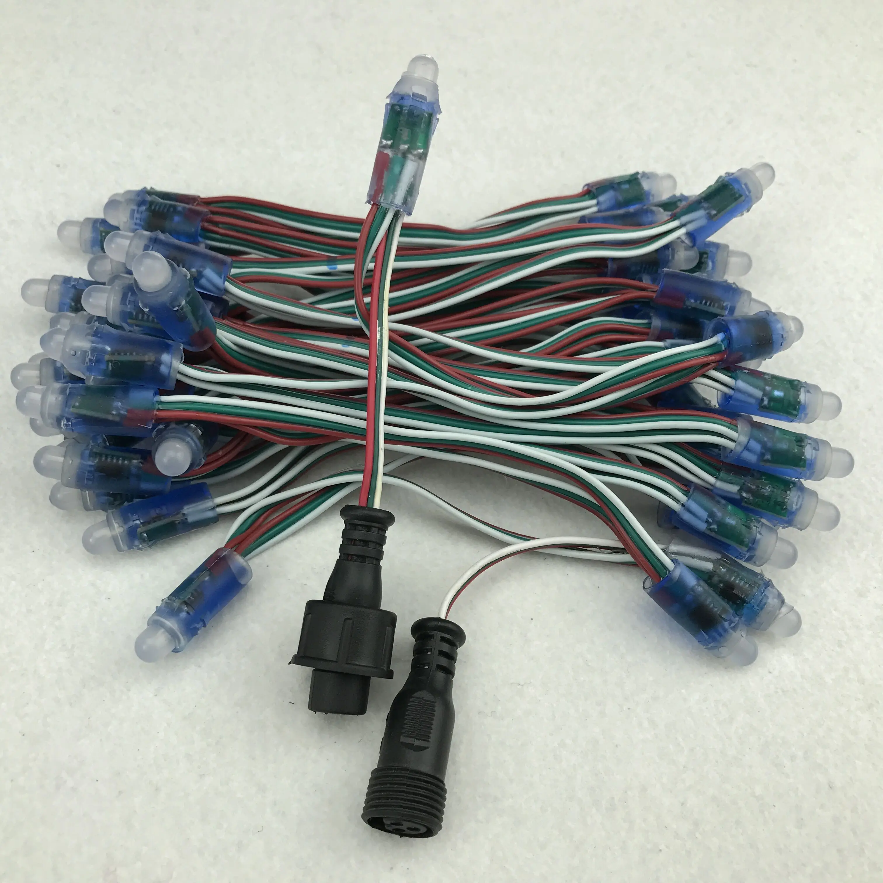 

WS2811 DC5V 50nodes addressable LED pixel string;IP68;13cm wire spacing;RGB full color;24AWG wire;13.5mm waterproof pigtails