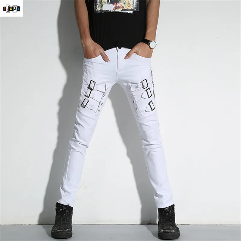

Idopy Men`s Punk Gothic Night Club Party Buckles Motorcycle Pants Jeans Biker Trousers For Hipster Stage Performance