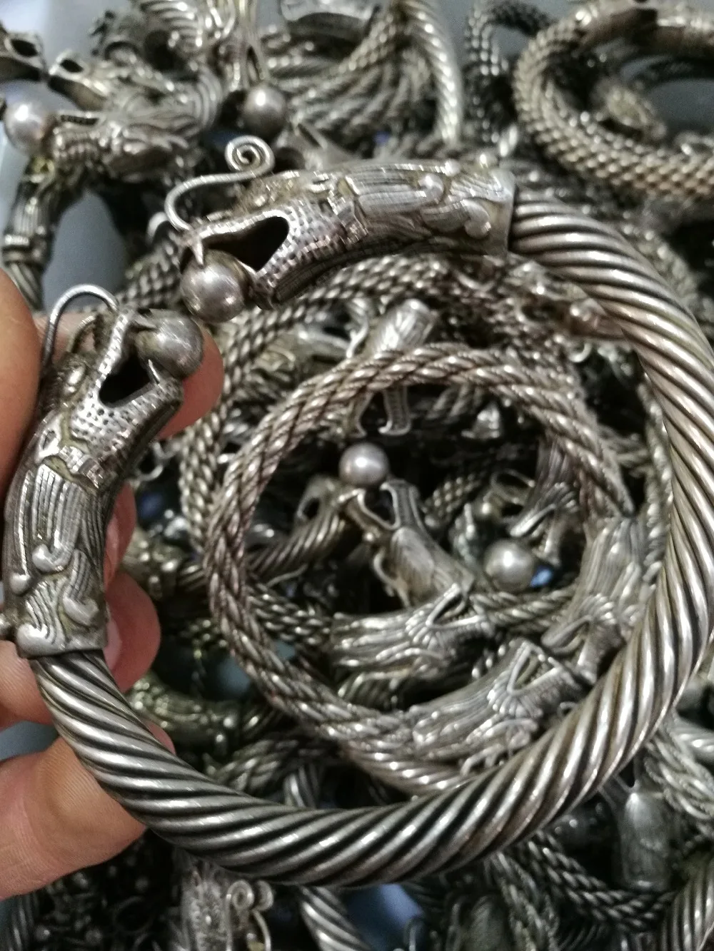

Collection China Tibetan silver Carved Double headed Dragon Silver Bracelet