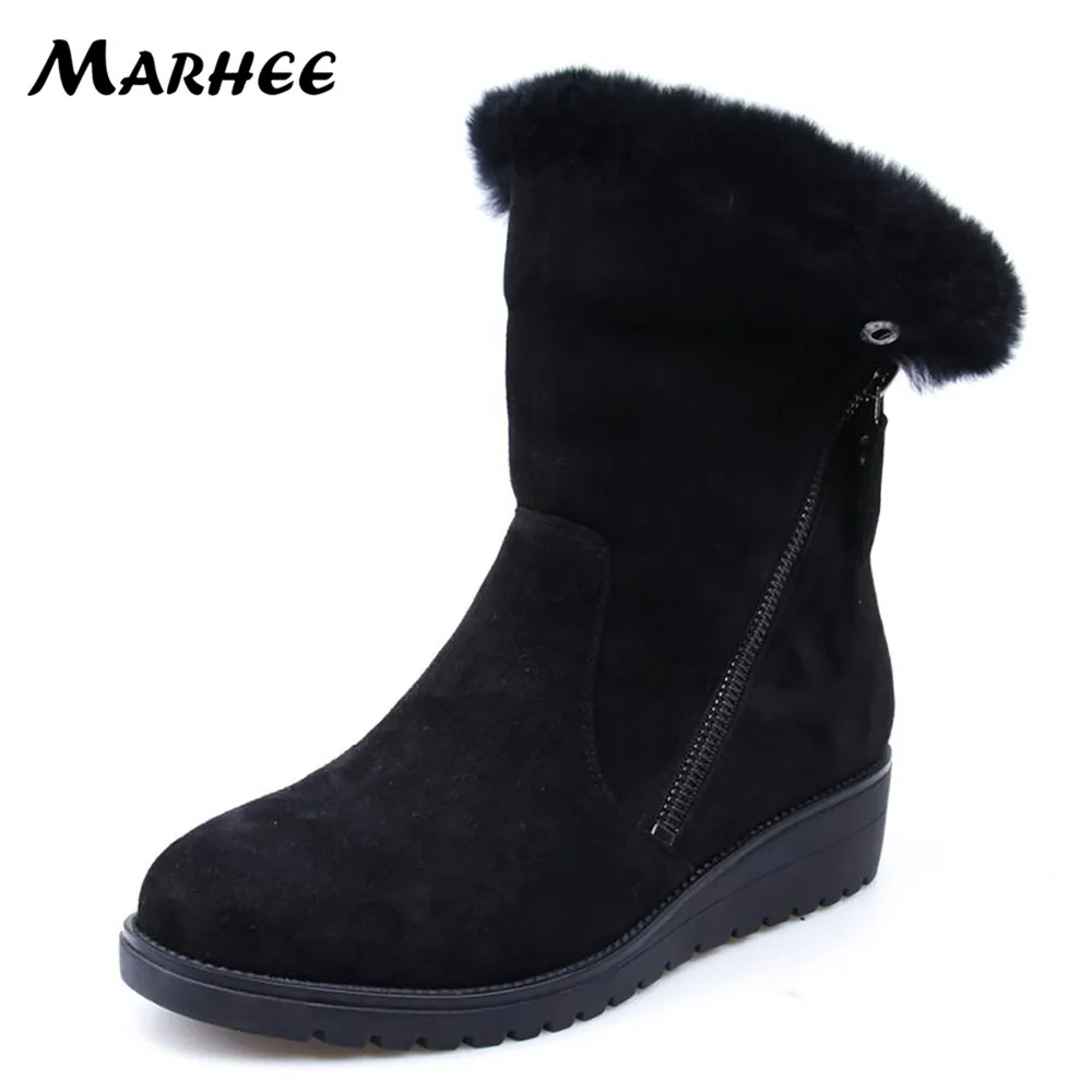 

MARHEE Winter Crystal Real Fur Genuine Leather Snow Boot Black Gray Green Women's Ankle Booties Flats Shoes Ladies Footwear