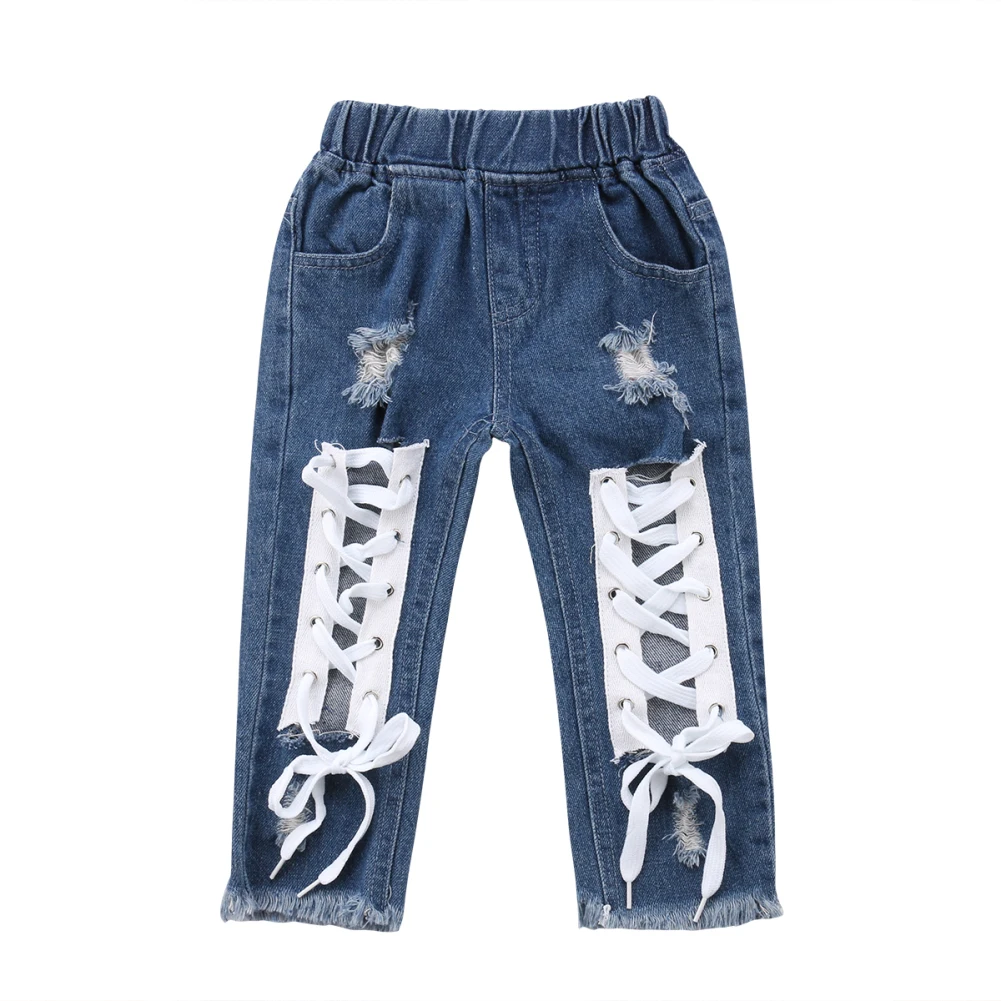 

Fashion Toddler Kids Baby Boy Girl Bandage Blue Hole Straight Pants Cool Bottoms Long Pants 1-6T