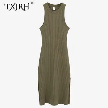 

TXJRH Sexy O-Neck Sleeveless High Elastic Sheath Thread Knitted Side Split Hem Packege Hips Dress Trendy Woman Vestidos 4 Colors