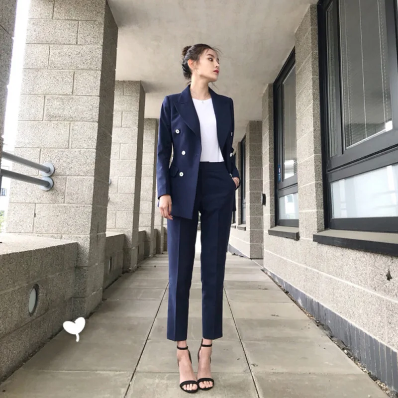 

Spring New-style Blue-and-white Suit 9-point Small-foot Western-style Pants Two-piece Set 2019 2 Piece Sets Women Outfits Women