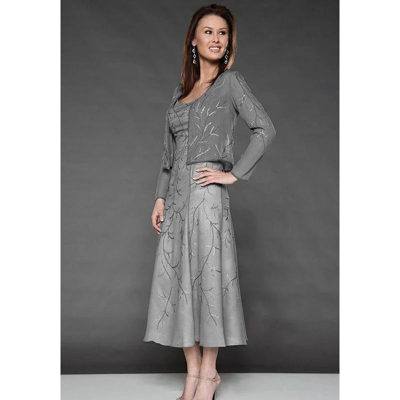 

Lakeydra Grey Mother of the Bride Dresses Chiffon with Jacket Sequins Tea-Length Plus Size Party Gowns Robe de Soiree