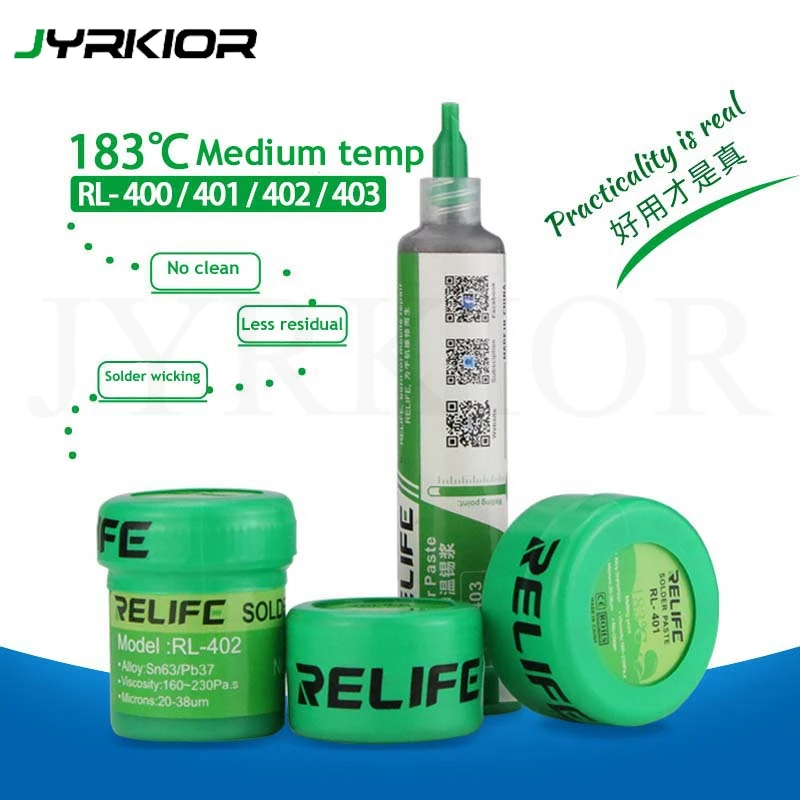 

Jyrkior Relife 183 Medium Temperature No-Clean Solder Paste Flux RL-400/401/402/403 SolderTin Sn63/Pb67 For Soldering Iron