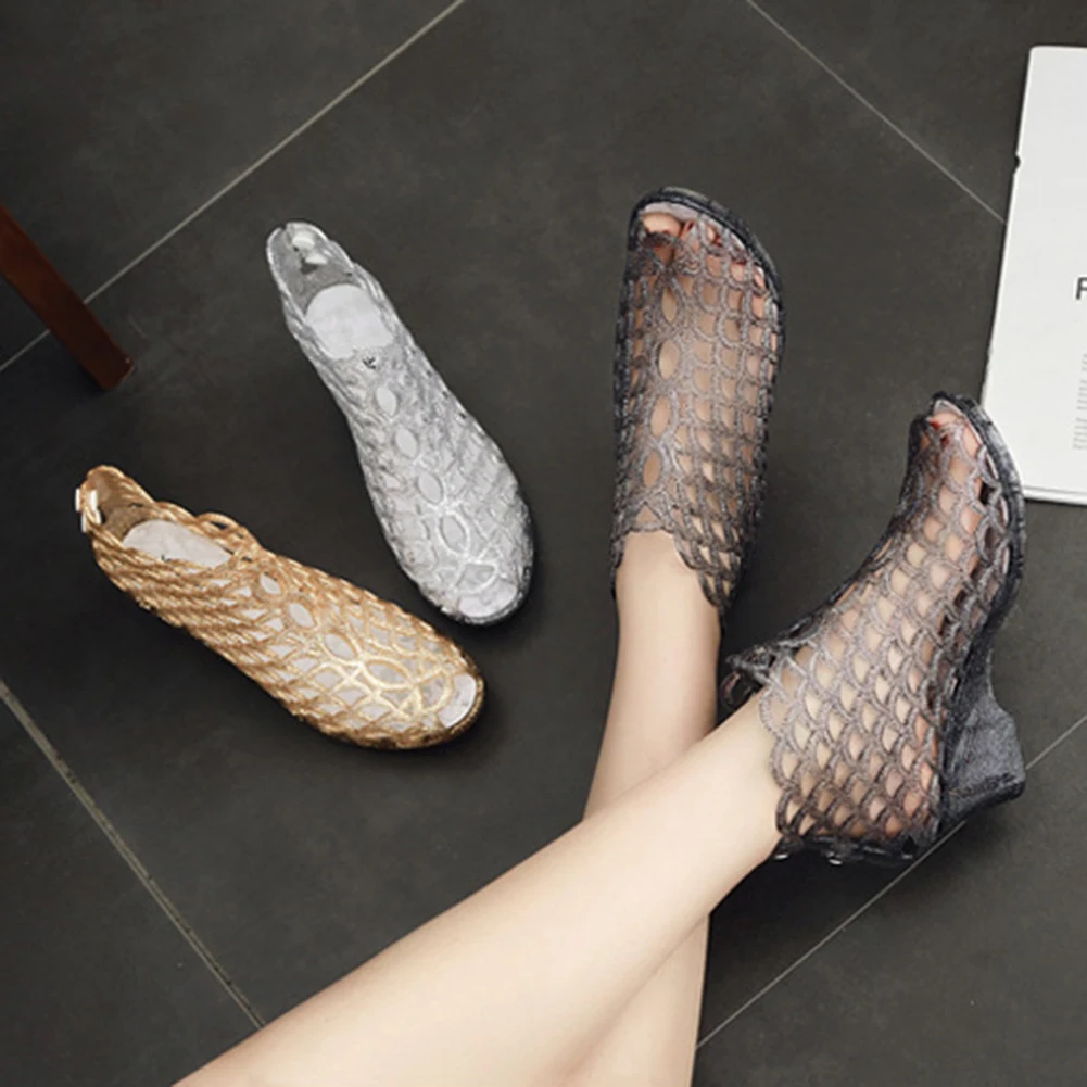 

Women's Fashion Summer Bling Sandals Hollow Mesh Casual Slip On High Heels Fish Mouth Jelly Shoes Breathable PVC Beach Footwear