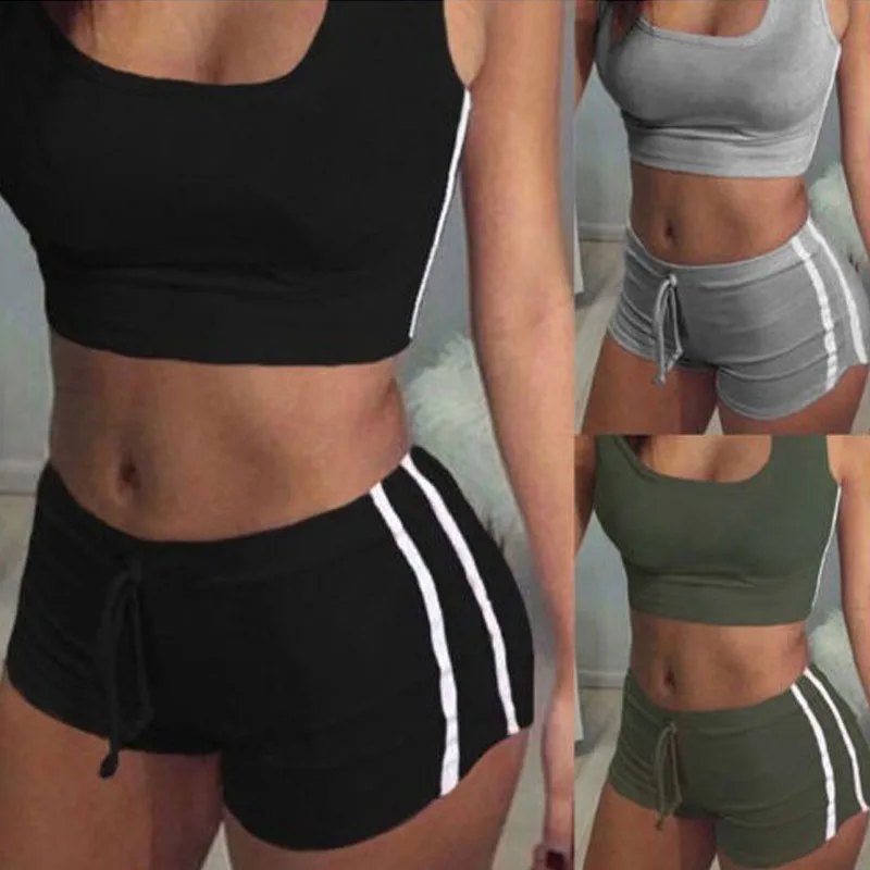 

Yoga 2pcs Women Belt Suit Set Padded Bra Sleeveless Tops+Belt Shorts Fitness Running Yoga Gym Female Sports Clothes