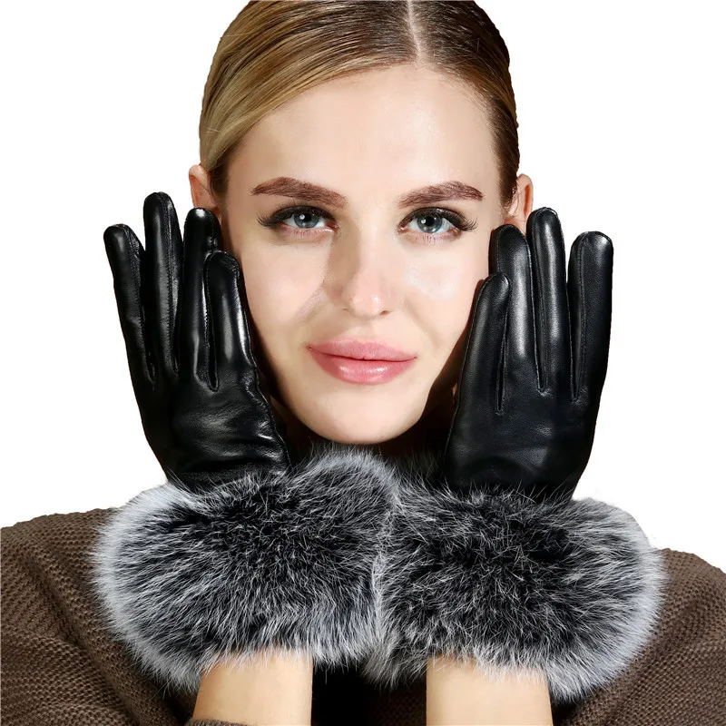 

Women Fox Fur Sheepskin Gloves Female Thermal Linning Warm Genuine Leather Winter Outdoor Touch Screen Driving Gloves Luxury