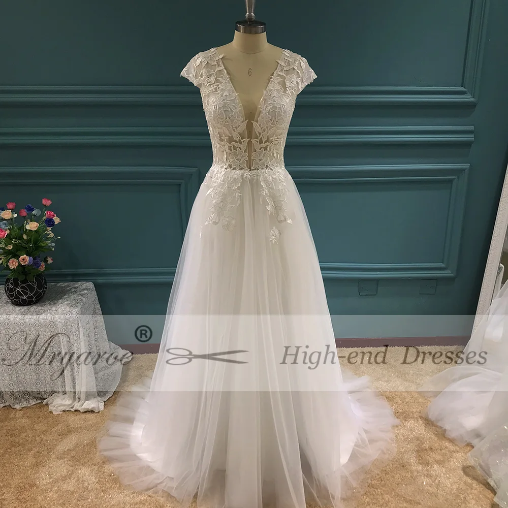 Mryarce 2019 Sexy V Neck Lace Appliques Tulle A Line Open Legs Open Back Wedding Dress Bridal Gowns  (2)