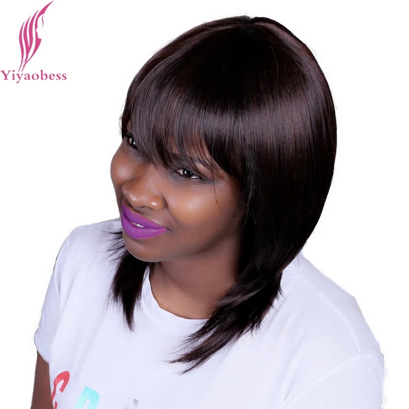 Yiyaobess 35cm Ladies Dark Brown Short Bob Wig With Bangs Heat Resistant Synthetic Straight Natural Cancer Wigs Yiyaobess 35cm Ladies Dark Brown Short Bob Wig With Bangs Heat Resistant Synthetic Straight Natural Cancer Wigs