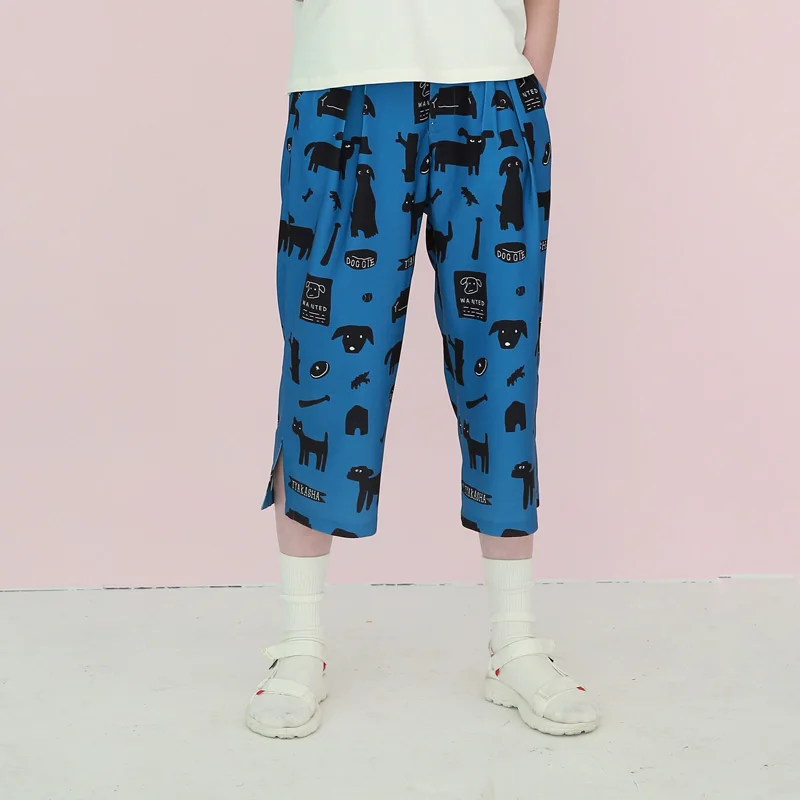

New Women Playful Harajuku Cartoon Dogs Printed Chiffon Calf-Length Pants Female Wide Leg Pants Elastic Waist Summer 2018